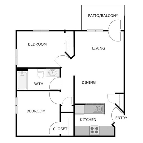 Floor plan for 2 beds, 1 bath, 844 sqft