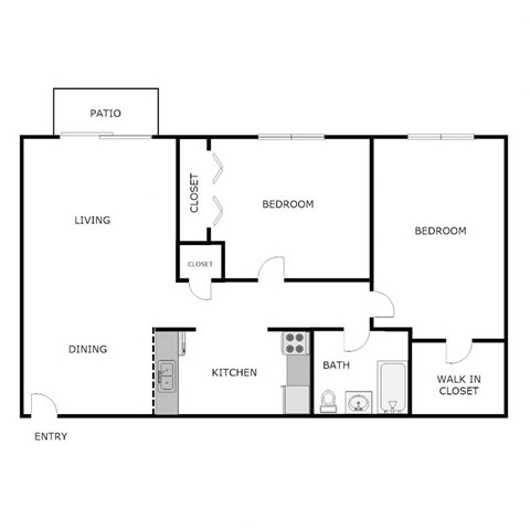 Floor plan for 2 beds, 1 bath, 900 sqft
