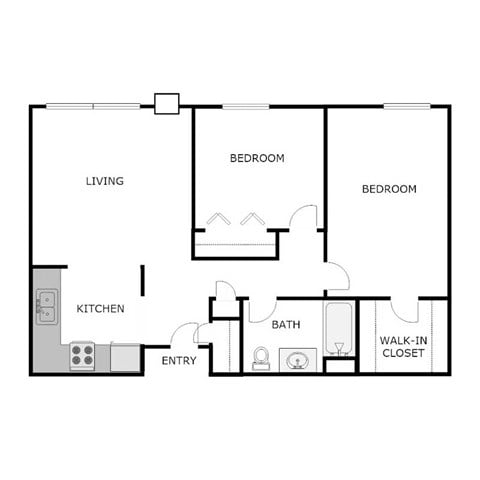 Floor plan for 2 beds, 1 bath, 803 sqft