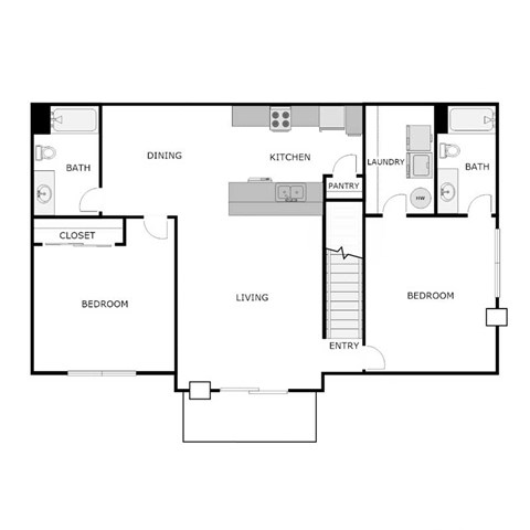 Floor plan for 2 beds, 2 baths, 1075 sqft