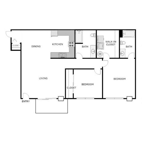Floor plan for 2 beds, 2 baths, 1067 sqft