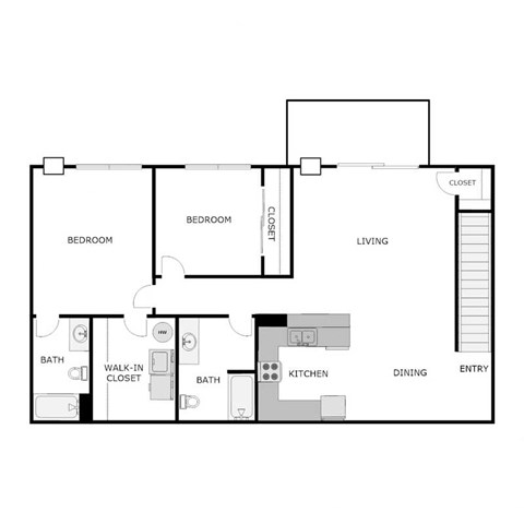 Floor plan for 2 beds, 2 baths, 1144 sqft
