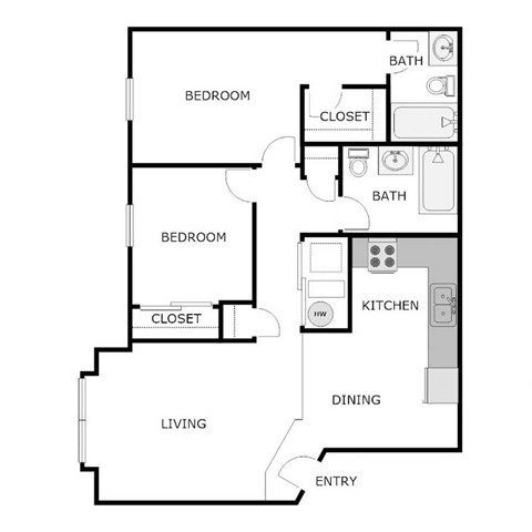 Floor plan for 2 beds, 2 baths, 828 sqft