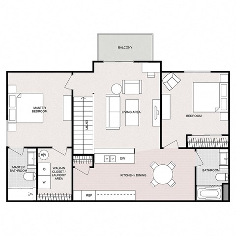 Floor plan for 2 beds, 2 baths, 1075 sqft