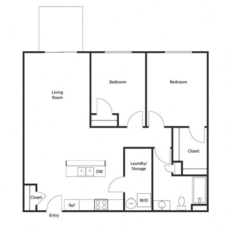 Floor plan for 2 beds, 1 bath, 1025 sqft