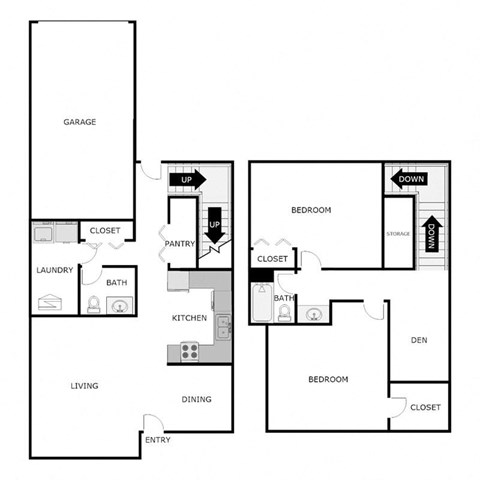 Floor plan for 2 beds, 1.5 baths, 1265 sqft