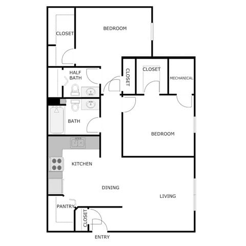 Floor plan for 2 beds, 1.5 baths, 1009 sqft