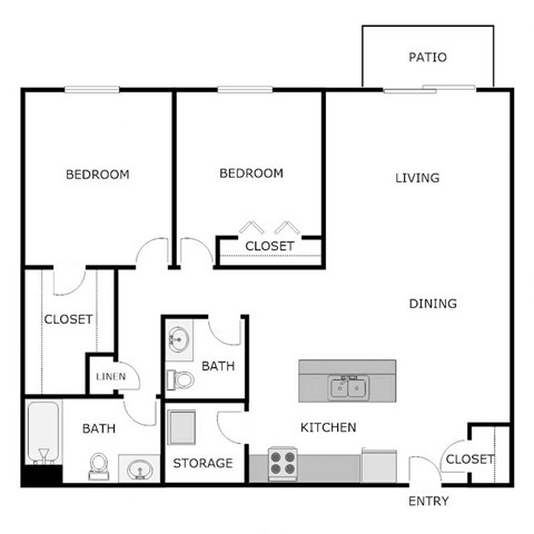 Floor plan for 2 beds, 1.5 baths, 1025 sqft