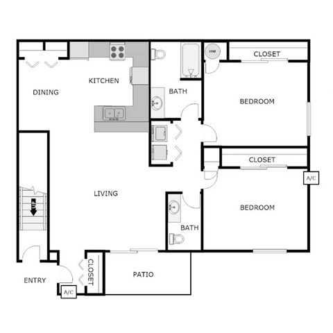 Floor plan for 2 beds, 1.5 baths, 1128 sqft