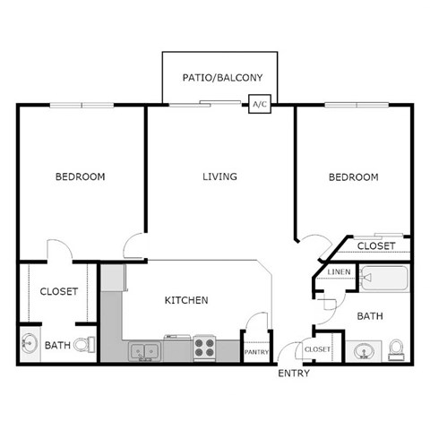 Floor plan for 2 beds, 1.5 baths, 825 sqft