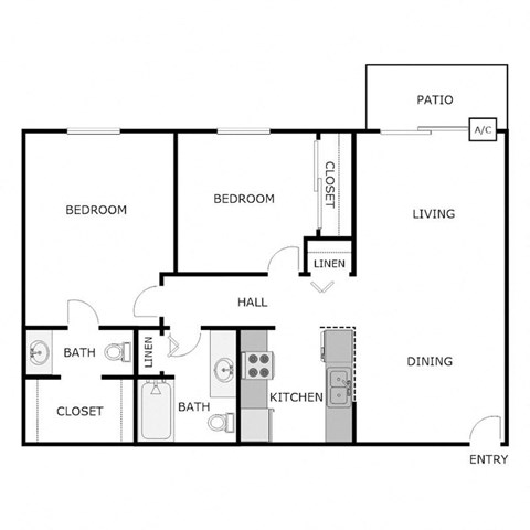 Floor plan for 2 beds, 1.5 baths, 861 sqft
