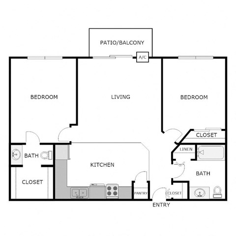 Floor plan for 2 beds, 1.5 baths, 865 sqft