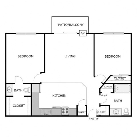 Floor plan for 2 beds, 1.5 baths, 865 sqft