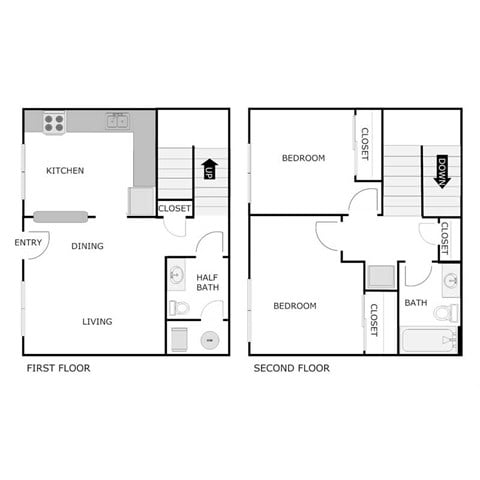 Floor plan for 2 beds, 1.5 baths, 896 sqft