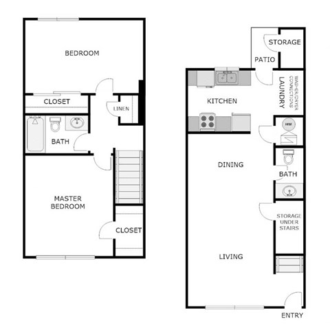 Floor plan for 2 beds, 1.5 baths, 960 sqft