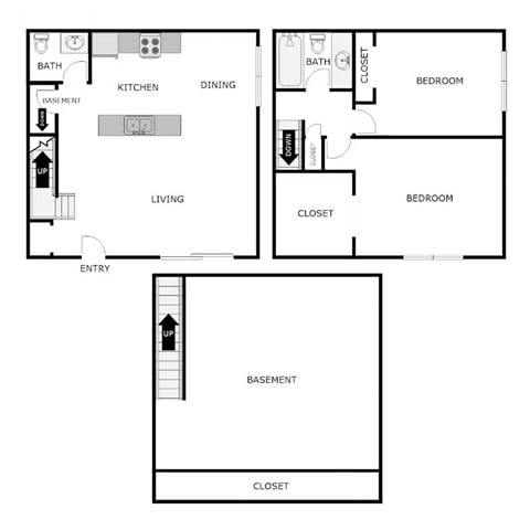 Floor plan for 2 beds, 1.5 baths, 850 sqft
