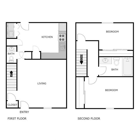 Floor plan for 2 beds, 1.5 baths, 1001 sqft