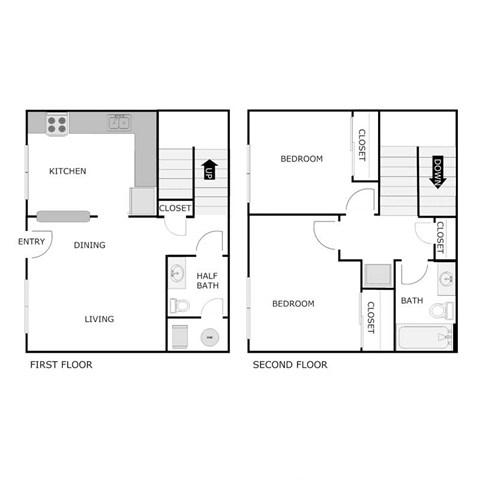 Floor plan for 2 beds, 1.5 baths, 896 sqft