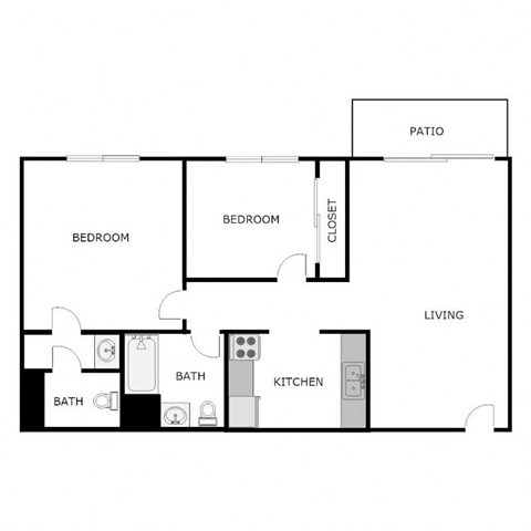 Floor plan for 2 beds, 1.5 baths, 792 sqft