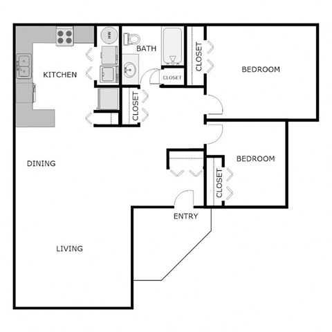 Floor plan for 2 beds, 1 bath, 986 sqft