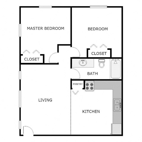 Floor plan for 2 beds, 1 bath, 750 sqft