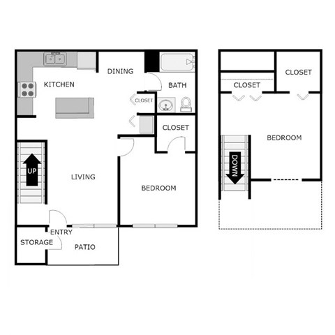 Floor plan for 2 beds, 1 bath, 939 sqft
