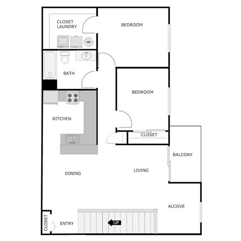 Floor plan for 2 beds, 1 bath, 1070 sqft