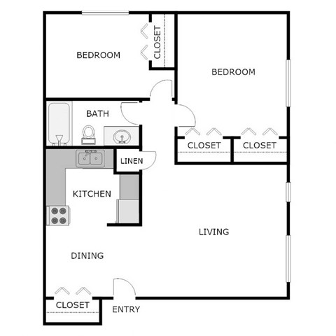 Floor plan for 2 beds, 1 bath, 700 sqft