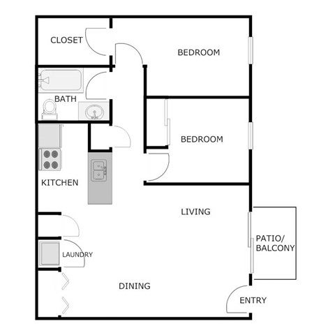 Floor plan for 2 beds, 1 bath, 876 sqft