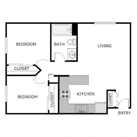 Floor plan for 2 beds, 1 bath, 750 sqft