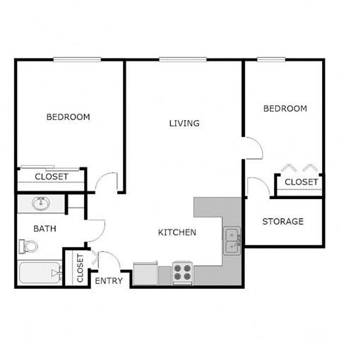 Floor plan for 2 beds, 1 bath, 750 sqft