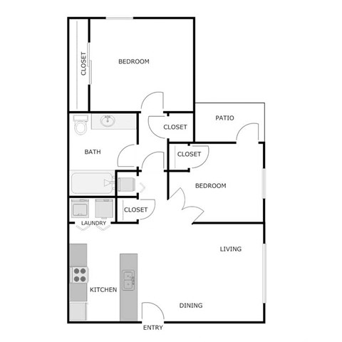 Floor plan for 2 beds, 1 bath, 778 sqft