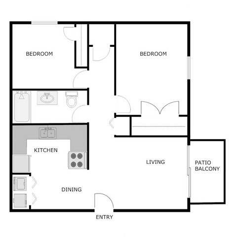 Floor plan for 2 beds, 1 bath, 784 sqft