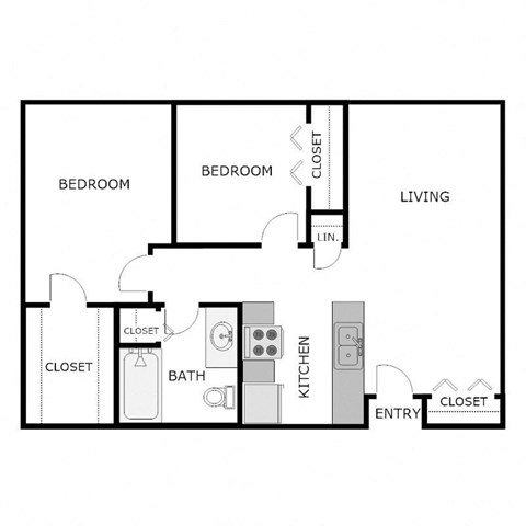 Floor plan for 2 beds, 1 bath, 792 sqft