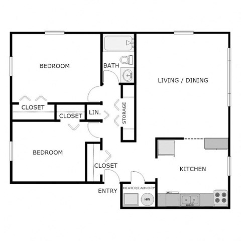 Floor plan for 2 beds, 1 bath, 800 sqft