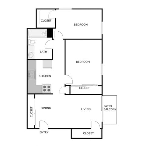 Floor plan for 2 beds, 1 bath, 800 sqft