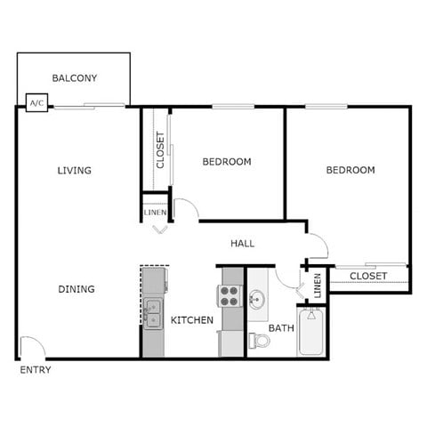 Floor plan for 2 beds, 1 bath, 840 sqft