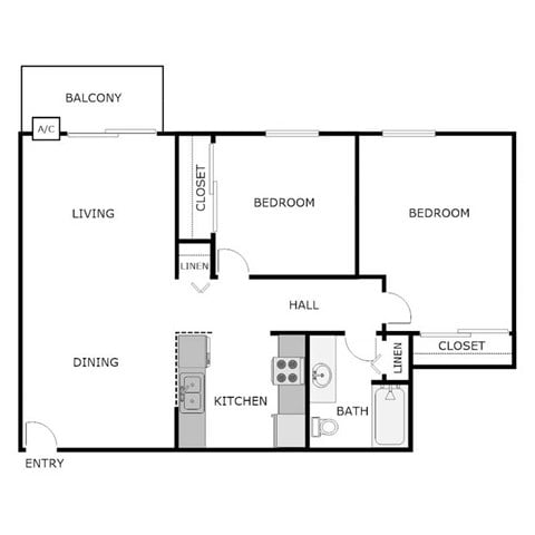 Floor plan for 2 beds, 1 bath, 790 sqft