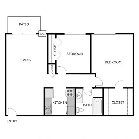 Floor plan for 2 beds, 1 bath, 811 sqft