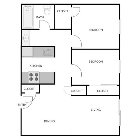 Floor plan for 2 beds, 1 bath, 827 sqft