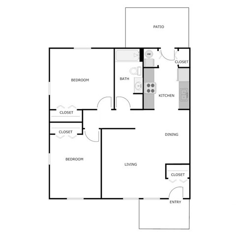 Floor plan for 2 beds, 1 bath, 850 sqft