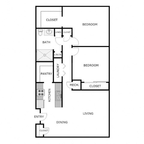 Floor plan for 2 beds, 1 bath, 850 sqft
