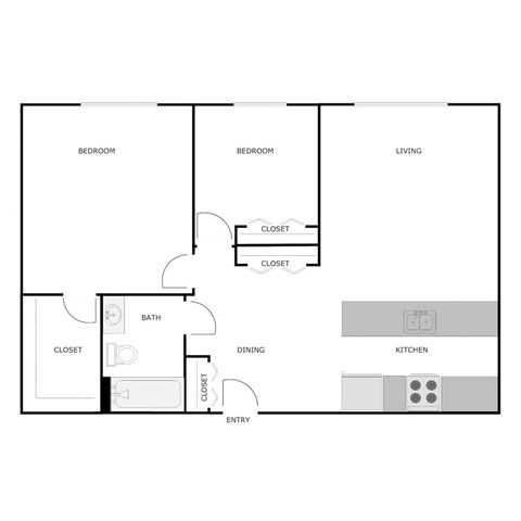 Floor plan for 2 beds, 1 bath, 850 sqft