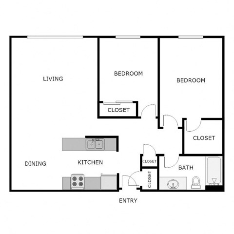 Floor plan for 2 beds, 1 bath, 870 sqft