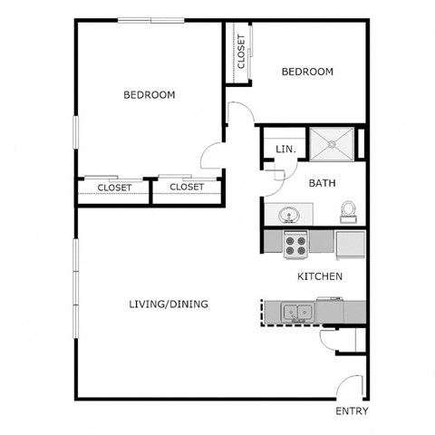 Floor plan for 2 beds, 1 bath, 866 sqft