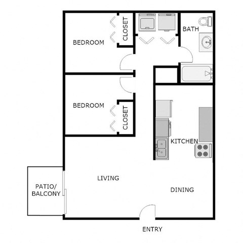 Floor plan for 2 beds, 1 bath, 867 sqft
