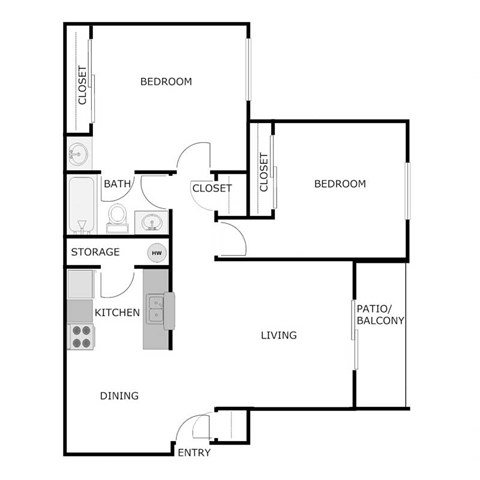 Floor plan for 2 beds, 1 bath, 795 sqft
