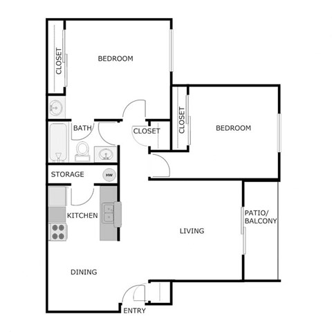Floor plan for 2 beds, 1 bath
