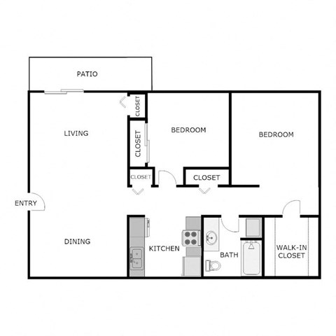 Floor plan for 2 beds, 1 bath, 896 sqft