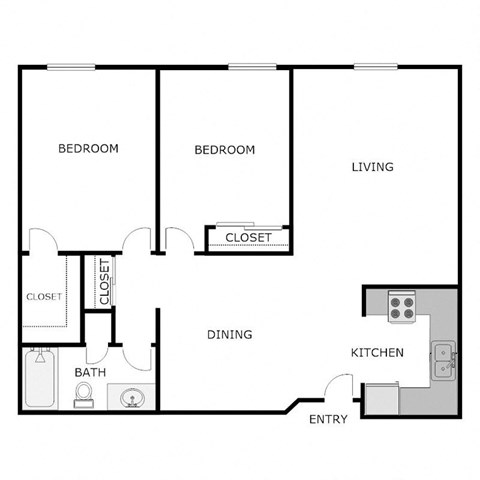 Floor plan for 2 beds, 1 bath, 904 sqft